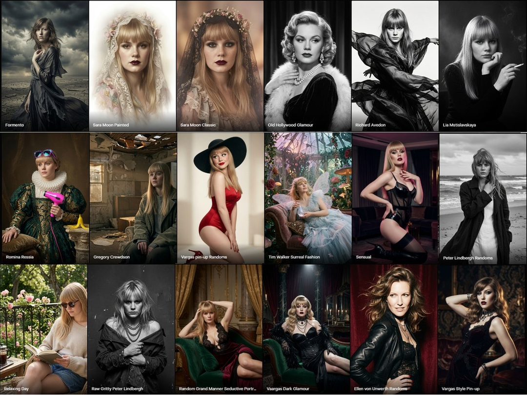 A collage of 18 AI-generated portraits in various styles, including classic glamour, surreal fashion, and pin-up.