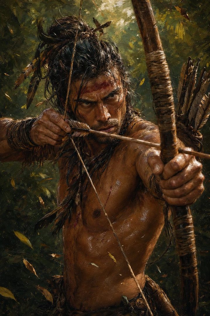 A photorealistic portrait of a muscular man with long dark hair tied up, aiming a bow and arrow in a lush green forest.