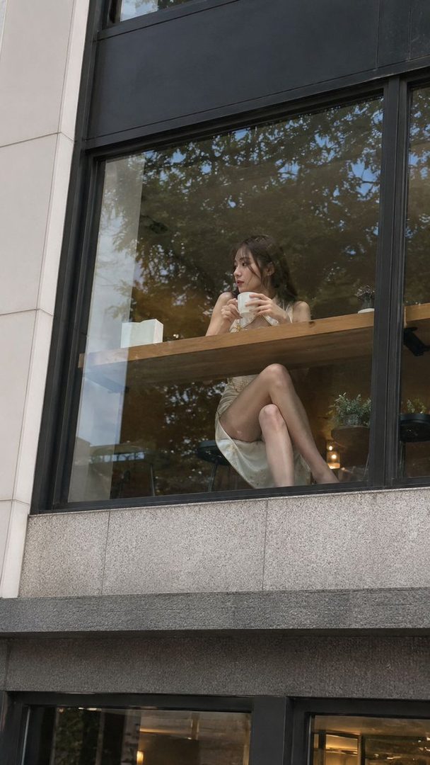 A young woman with long brown hair sits at a table by a window, holding a mug and looking out.
