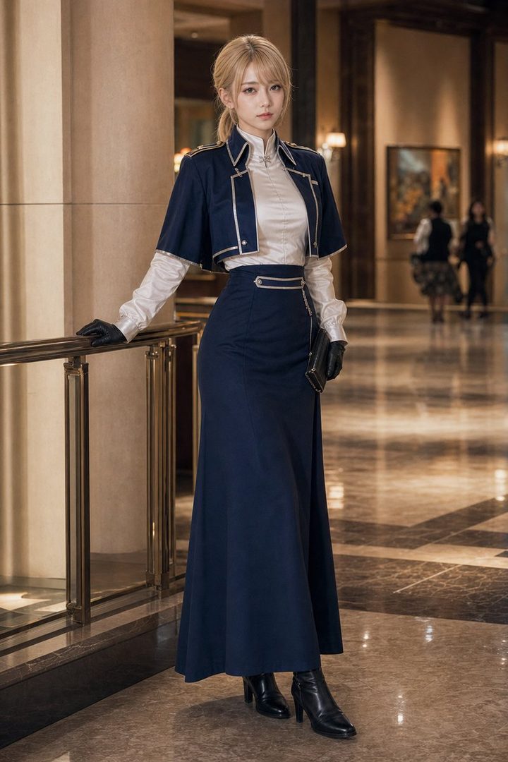 A woman in a blue and white uniform, resembling a military officer's attire, stands indoors with a serious expression.