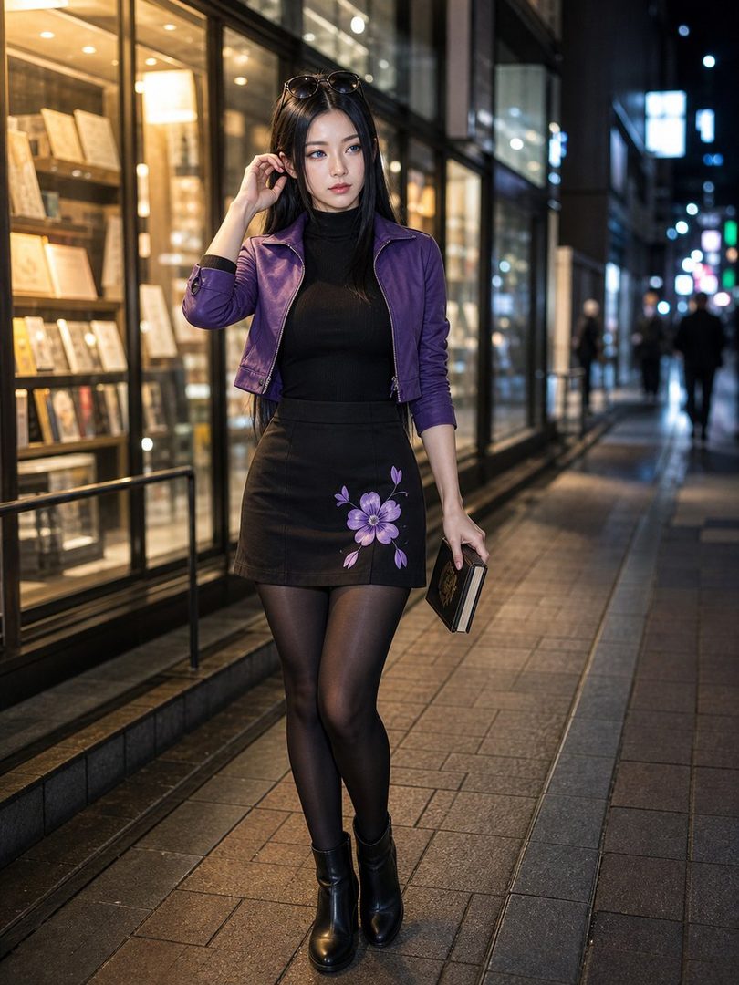 A young woman with long black hair and sunglasses on her head, wearing a purple jacket, black turtleneck, and a black skirt with a floral design, walks down a city street at night, holding a book.