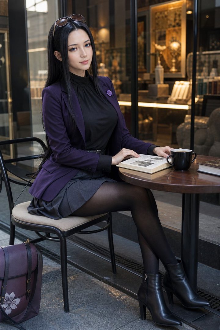 A woman with long black hair, wearing a purple blazer and black top, sits at a table in a cafe with a book and coffee.