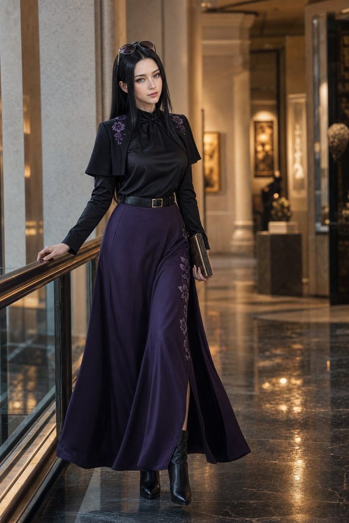 A woman in a black top and long purple skirt with floral embroidery, posing indoors.