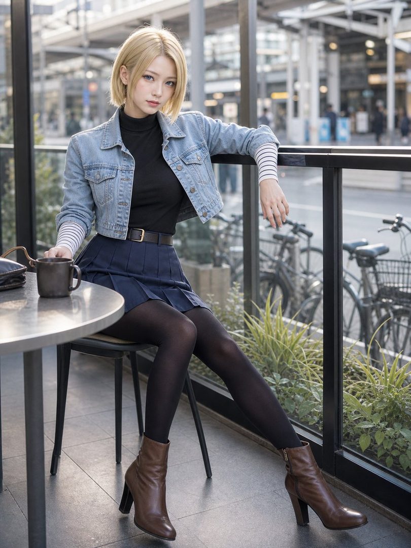 A young woman with blonde hair, dressed as Android 18 from Dragon Ball, sits at a table outdoors, wearing a denim jacket, black turtleneck, and pleated skirt.