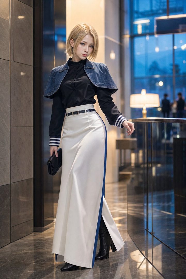 A woman with short blonde hair, dressed as Android 18 from Dragon Ball, poses elegantly in a white maxi skirt and black top.
