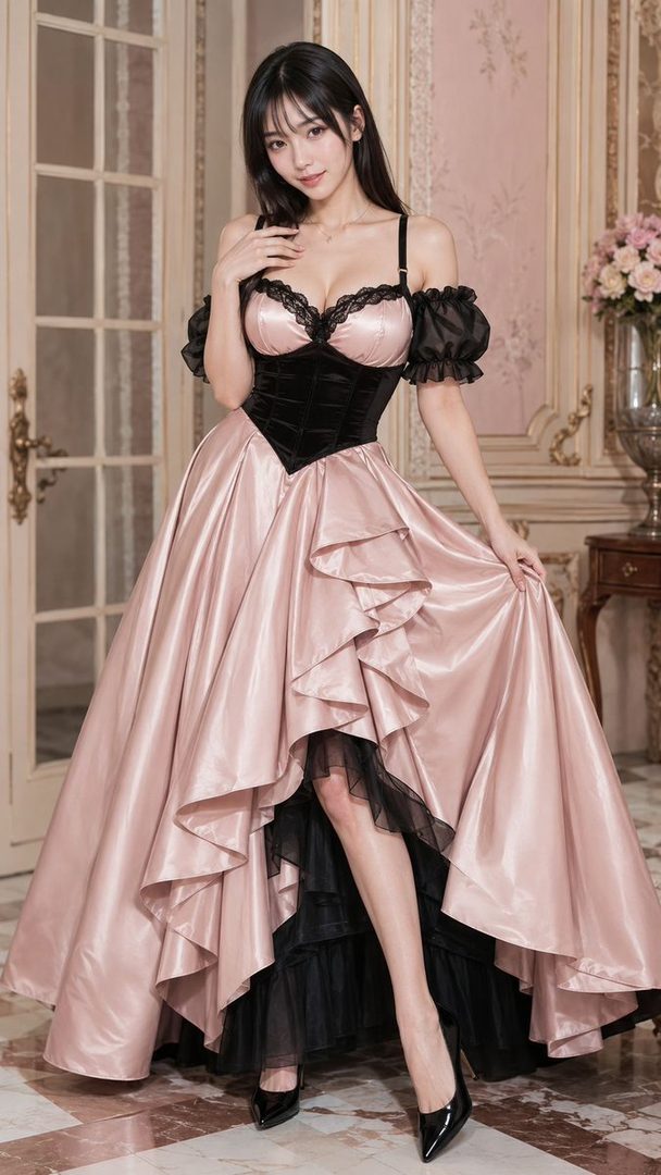 A woman in a pink and black gothic lolita-style dress poses indoors.
