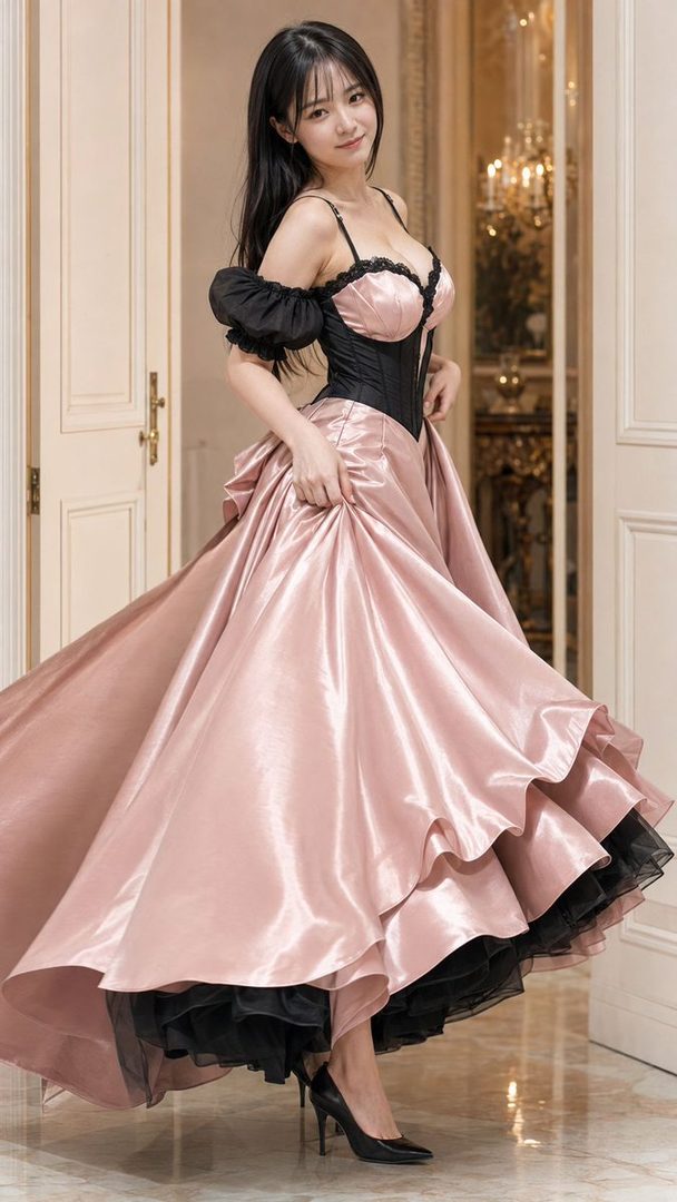 A young woman in a pink and black ball gown poses indoors.