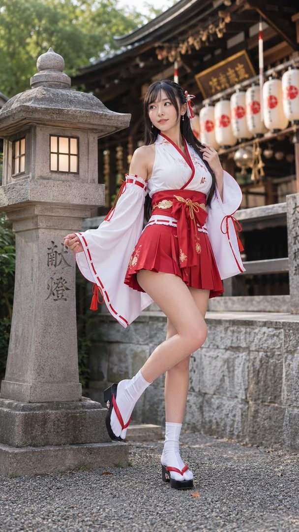 A young woman in a white and red shrine maiden outfit poses outdoors in front of a traditional Japanese shrine.