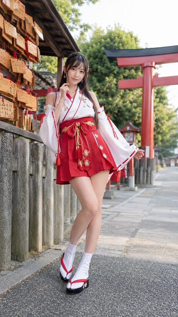 A young woman in a red and white shrine maiden outfit poses outdoors near a shrine.