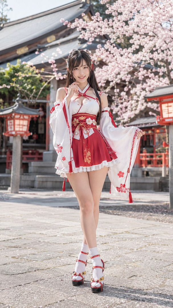 A young woman in a red and white shrine maiden outfit poses outdoors with cherry blossoms and a traditional Japanese shrine in the background.