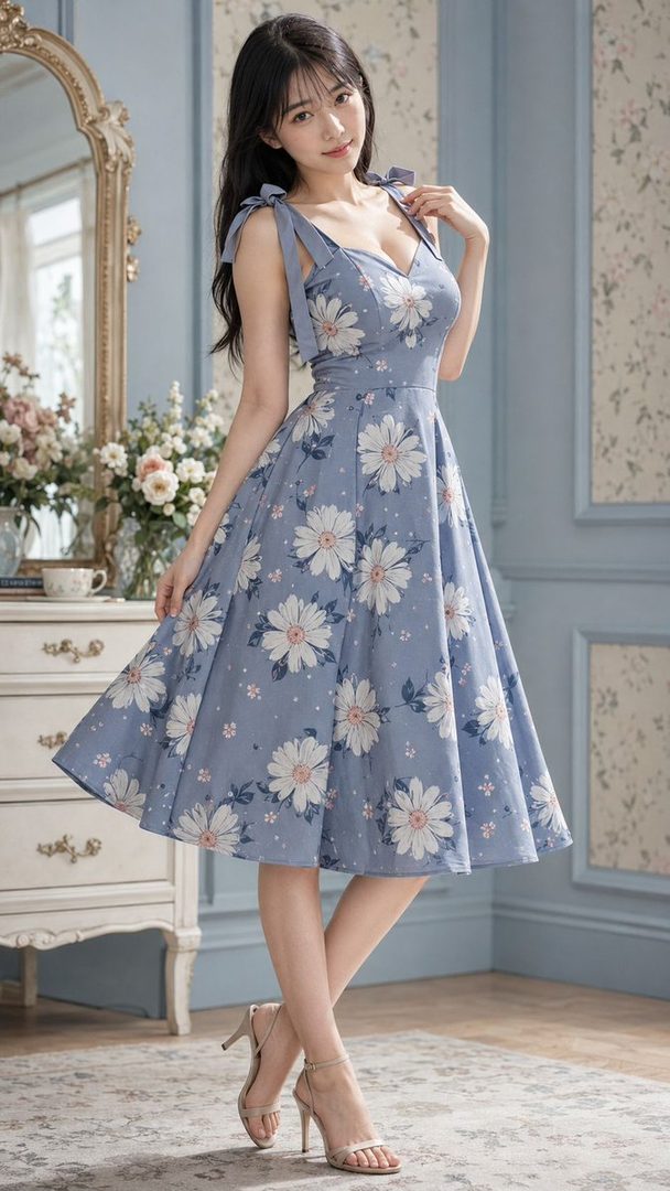 A young East Asian woman with long black hair poses in a blue floral sundress and high heels indoors.