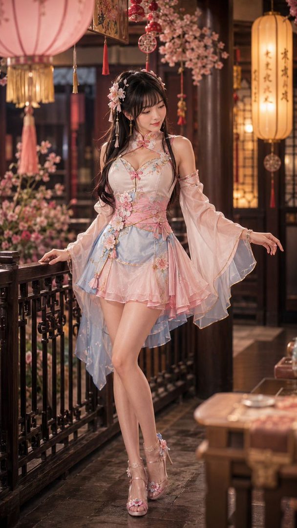A beautiful AI-generated woman in a traditional Chinese-inspired dress with floral accents, posing indoors with lanterns and cherry blossoms.