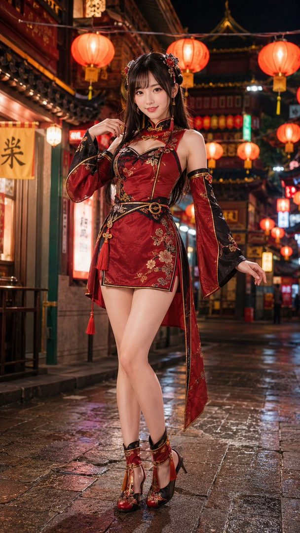A young woman in a red and black traditional Chinese-inspired dress stands on a wet street at night, with glowing lanterns in the background.