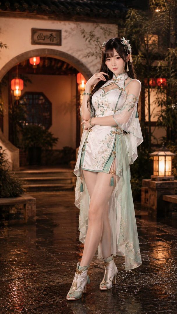 A beautiful East Asian woman in a traditional Chinese-inspired dress poses outdoors at night.