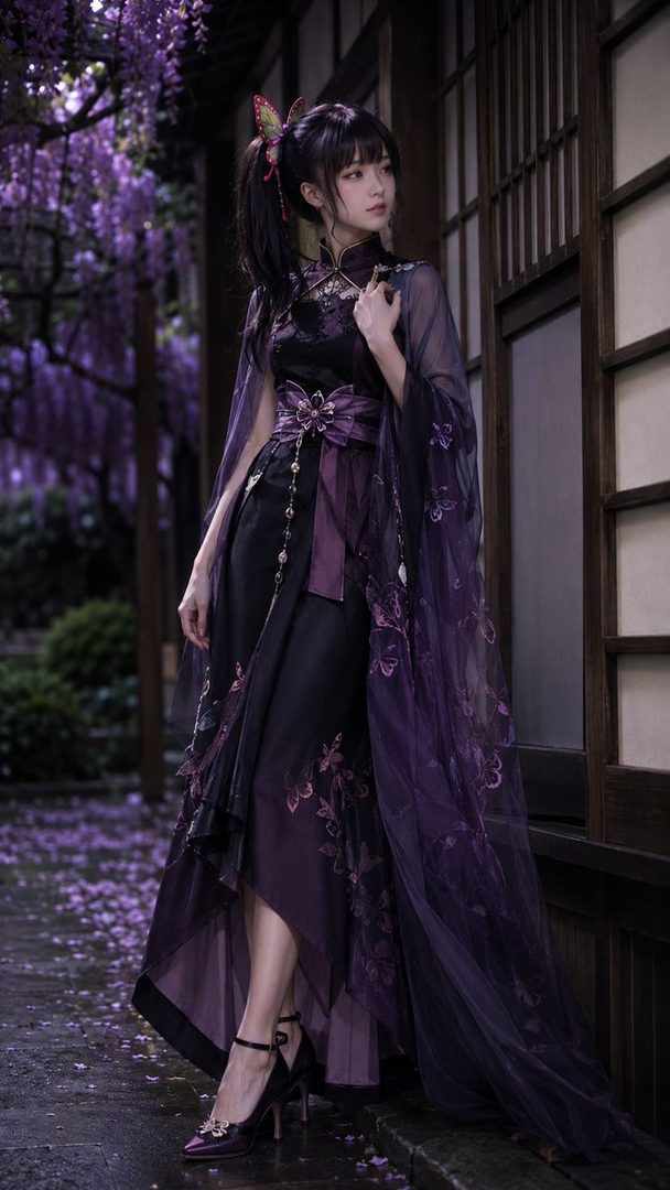 A young woman in a dark purple and black traditional Chinese-inspired dress with butterfly motifs, posing outdoors near a wisteria tree.