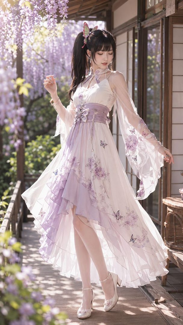 A young woman in a flowing purple and white dress with butterfly motifs poses outdoors under wisteria flowers.