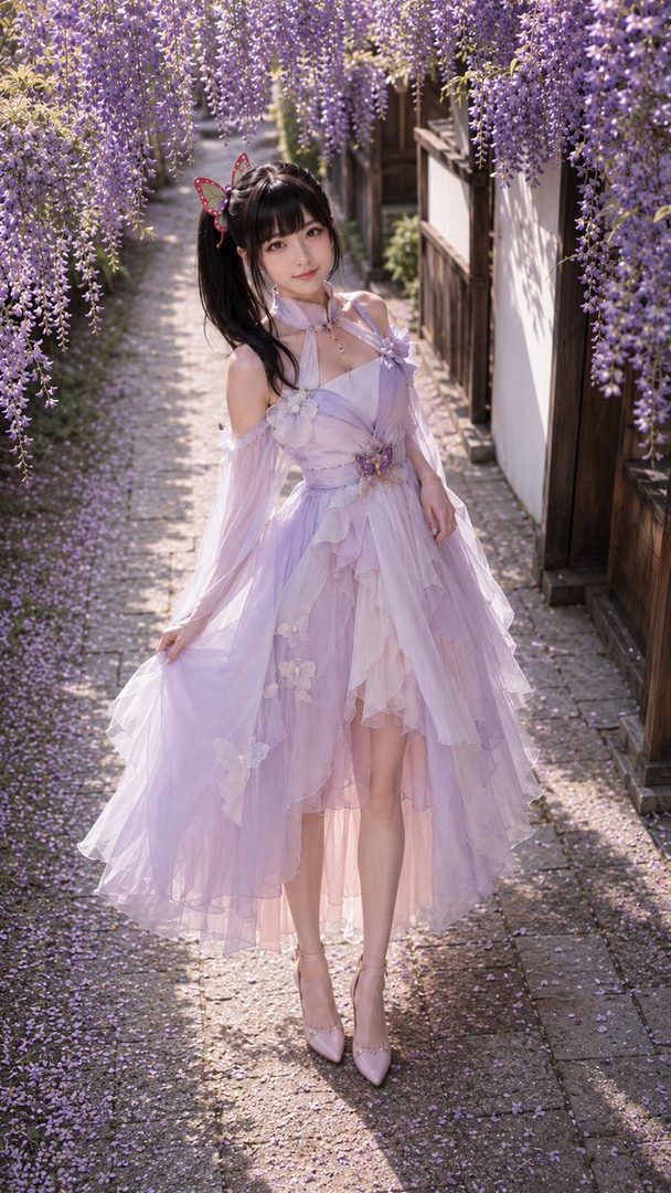 A young woman in a flowing purple dress and butterfly hair accessory poses outdoors under a canopy of purple wisteria flowers.