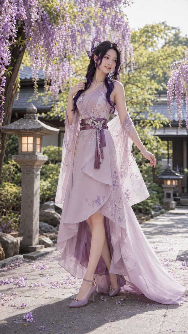 A woman in a flowing purple dress with butterfly motifs poses in a garden with blooming wisteria.