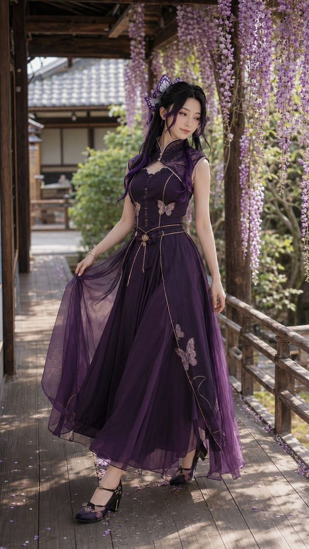 A woman in a purple dress with butterfly motifs, posing outdoors with wisteria flowers.