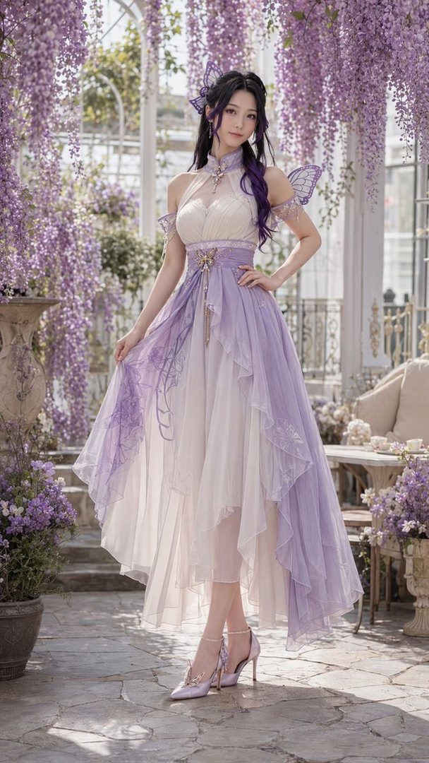 A beautiful East Asian woman in a flowing purple and white dress, adorned with butterfly wings, posing elegantly in a garden filled with wisteria flowers.