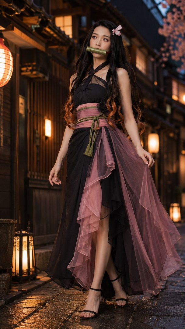 A woman in a black and pink dress, dressed as Nezuko Kamado from Demon Slayer, posing on a traditional Japanese street at night.