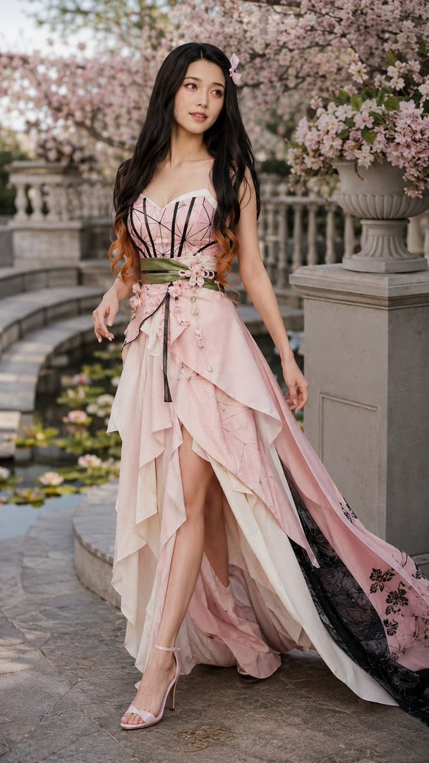A young woman in a pink and black layered dress, inspired by Nezuko Kamado from Demon Slayer, poses outdoors with cherry blossoms.