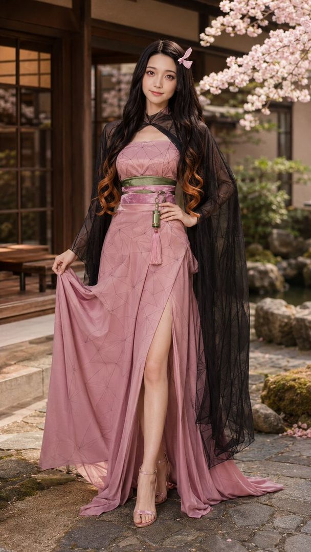 A woman dressed as Nezuko Kamado from Demon Slayer, posing outdoors in a traditional Japanese garden setting.