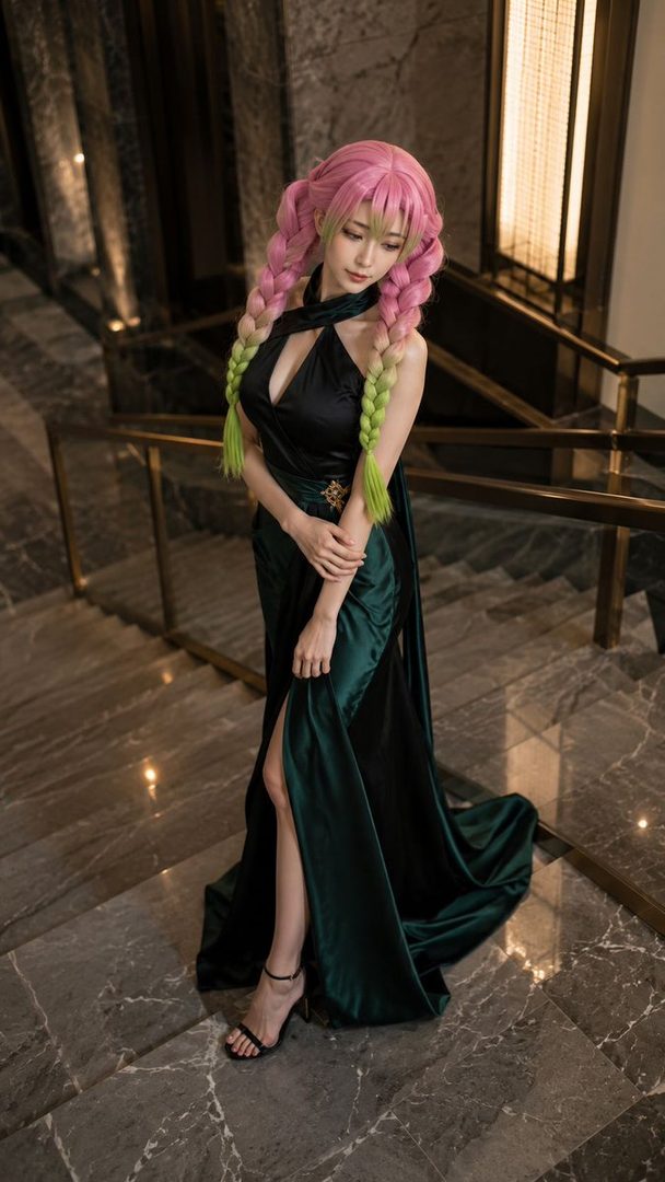 A woman in a dark green dress and pink twin-tailed wig poses elegantly on a marble staircase.