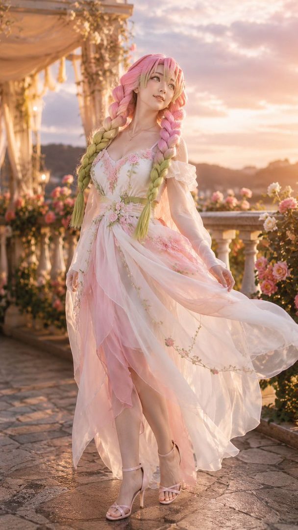 A woman in a flowing pink and white dress with braided pink and green hair poses outdoors with a backdrop of roses and a sunset sky.