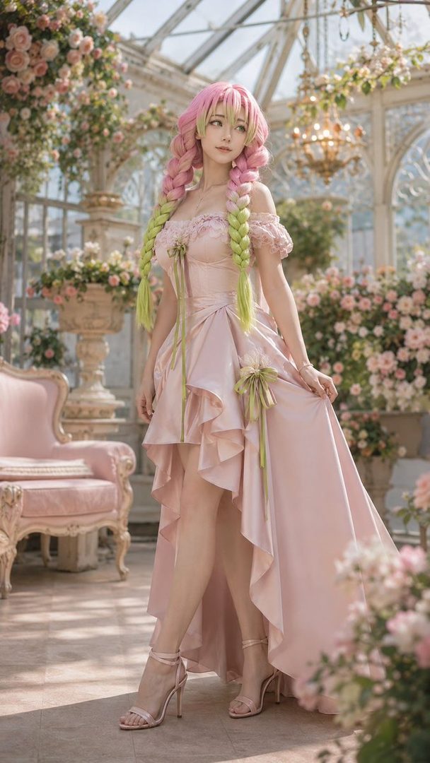 A woman in a pink dress with long braided pink and green hair poses in a greenhouse filled with flowers.
