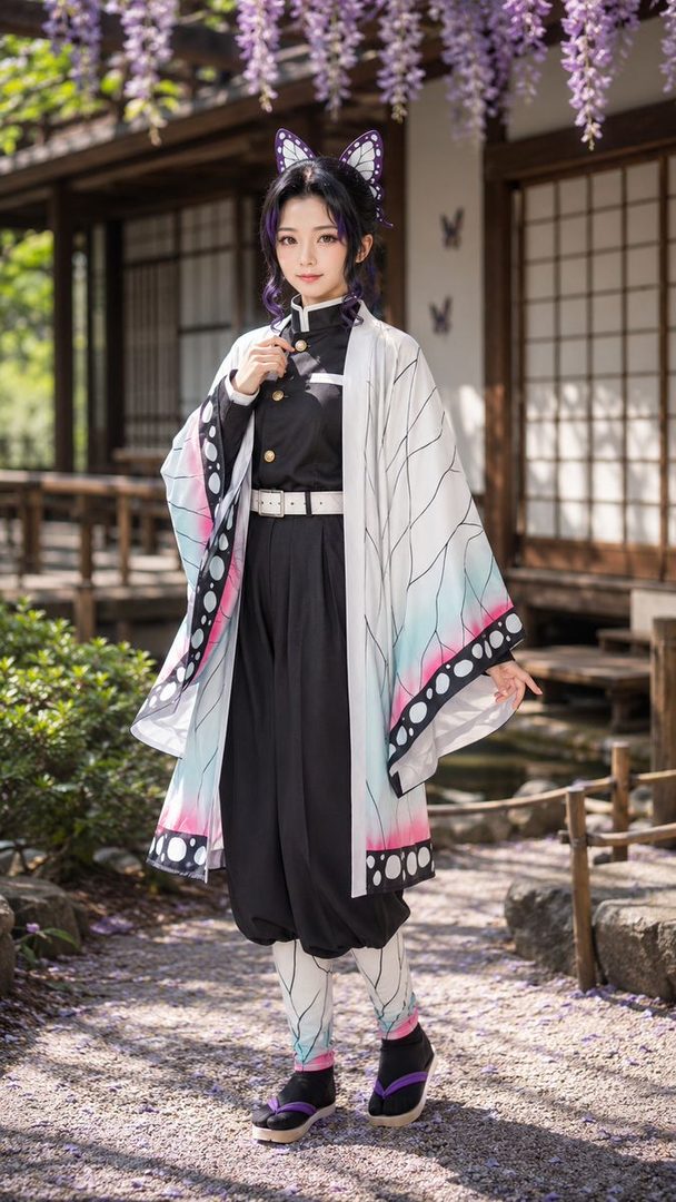 A young woman in a Shinobu Kocho cosplay from Demon Slayer, posing outdoors in front of a traditional Japanese building with wisteria flowers overhead.