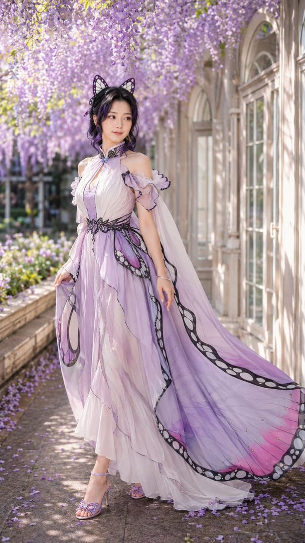 A woman in a purple butterfly-themed dress and cat ears, posing outdoors under wisteria flowers.
