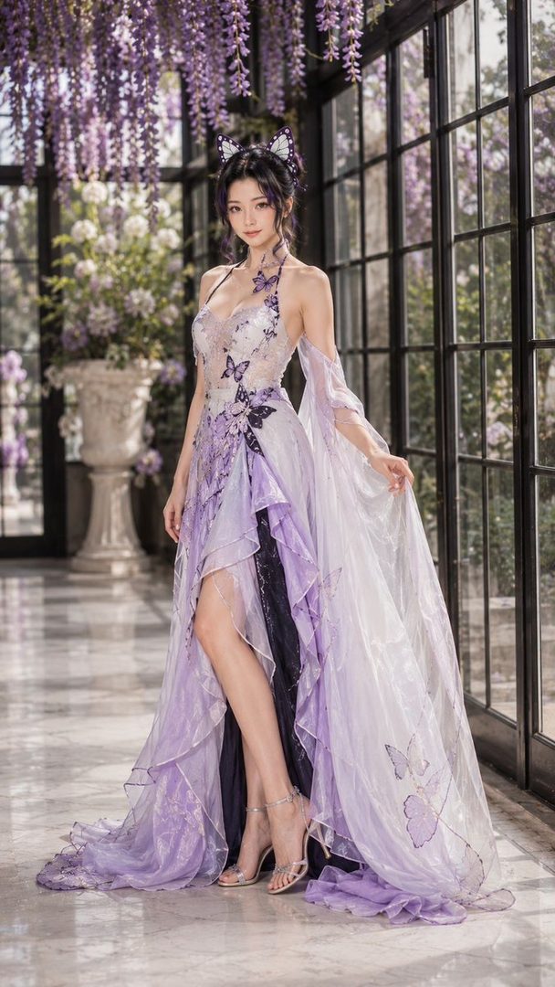 A beautiful East Asian woman in a flowing purple and white gown with butterfly motifs, posing indoors with a backdrop of wisteria.