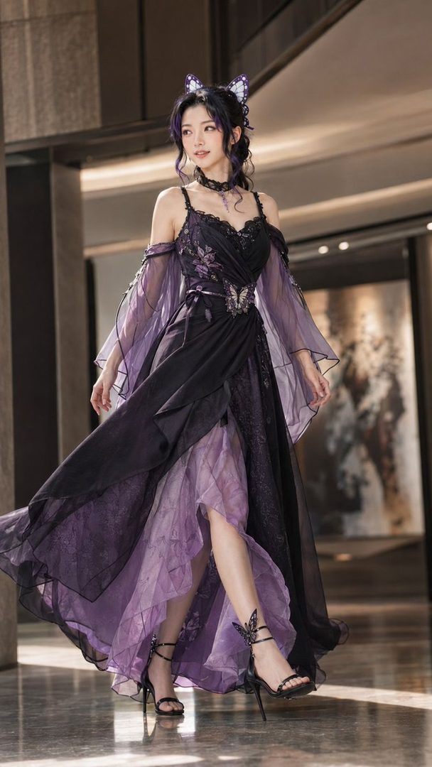 A woman in a black and purple gothic-inspired dress with butterfly motifs, posing indoors.