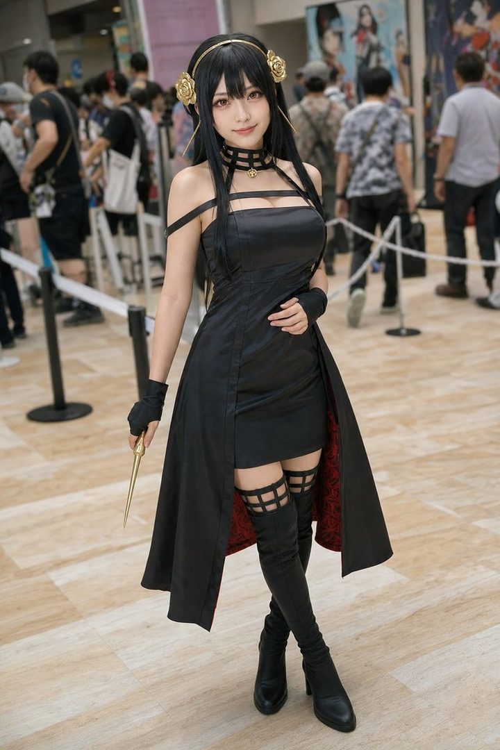 A woman in a black dress and thigh-high boots, cosplaying as Yor Forger from Spy x Family.