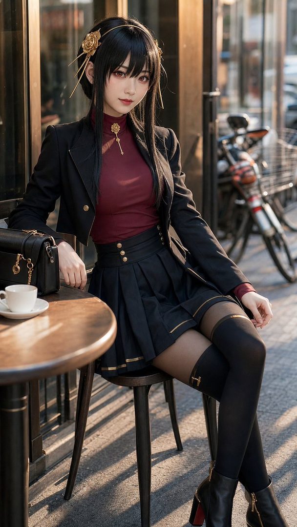 A young woman with black hair and red eyes, dressed in a black blazer, maroon turtleneck, and pleated skirt, sits at an outdoor cafe table.