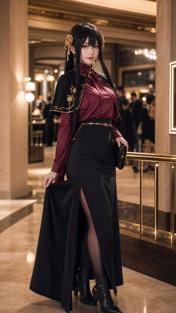A woman in a dark red satin blouse and black high-waisted skirt with a thigh-high slit, wearing a black capelet with gold embroidery, posing indoors.