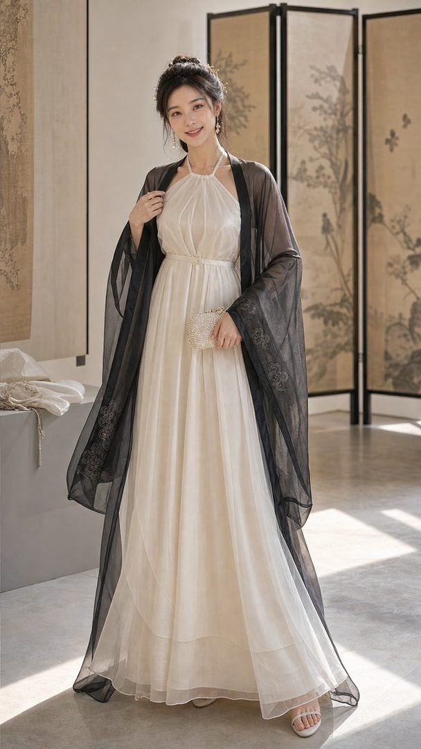 A woman in a white halter dress and a sheer black robe stands indoors, posing elegantly.