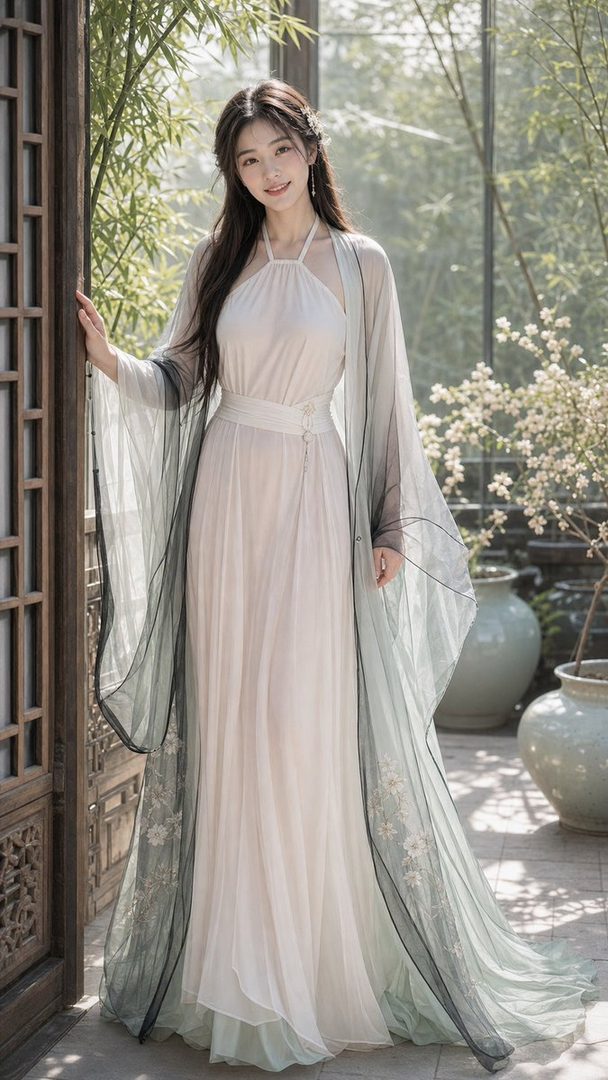 A beautiful East Asian woman in a flowing, traditional-inspired dress stands gracefully indoors, with bamboo and potted plants in the background.
