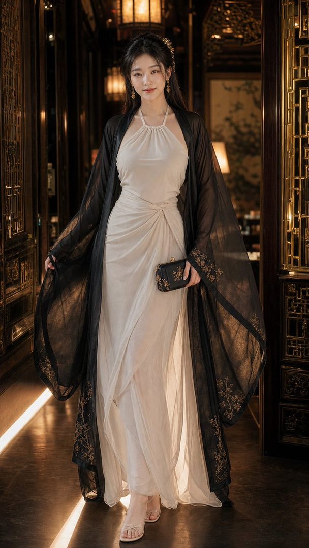 A woman in a flowing ivory dress and a sheer black outer robe stands in an ornate indoor setting.