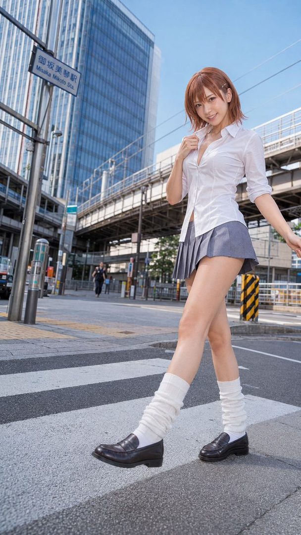 A young woman in a white shirt and pleated skirt, with white leg warmers and black loafers, poses on a city street crosswalk.