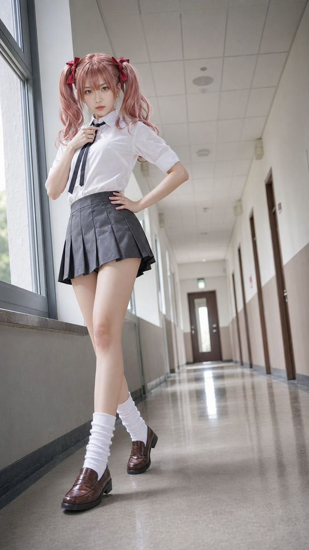A young woman in a school uniform with pink twintails poses in a school hallway.