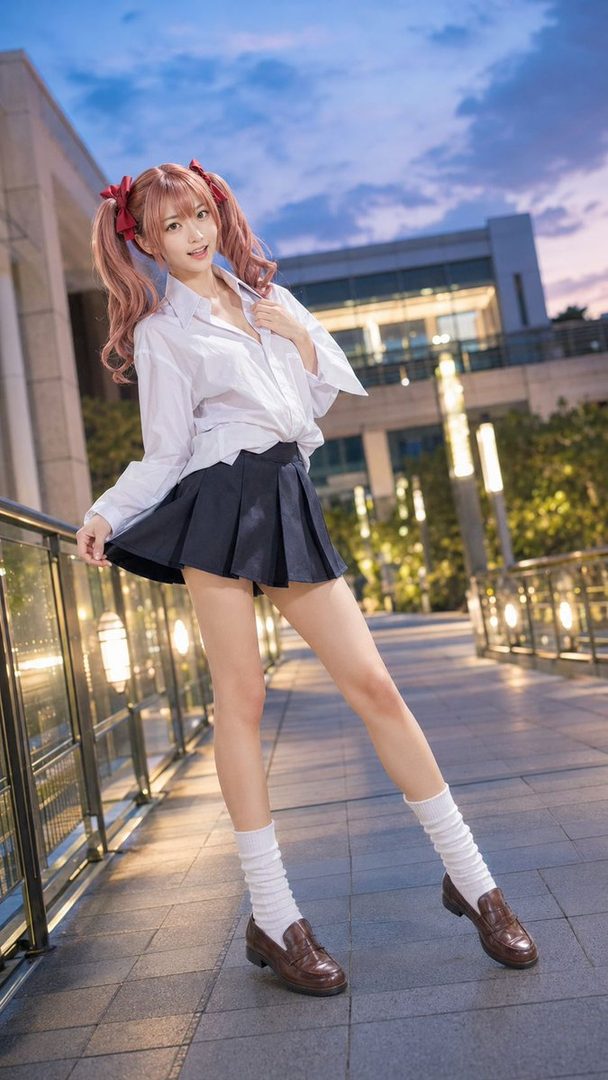 A young woman in a white shirt, dark pleated skirt, white socks, and brown loafers poses outdoors at dusk, with her hair in pink pigtails.