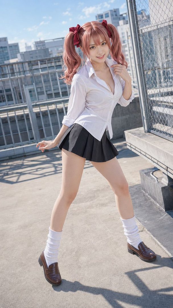 A young woman in a white shirt and black pleated skirt with pink twintails poses playfully on a rooftop.
