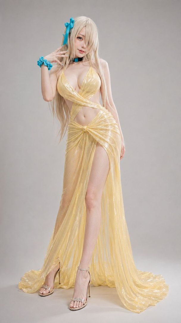 A blonde woman in a revealing yellow dress with a high slit poses in a studio setting.