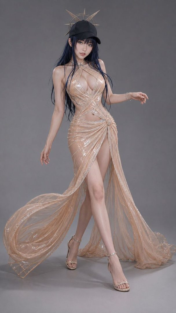 A woman with long dark hair, wearing a sparkling champagne-colored halter dress with a high slit and a black baseball cap, poses in a studio.