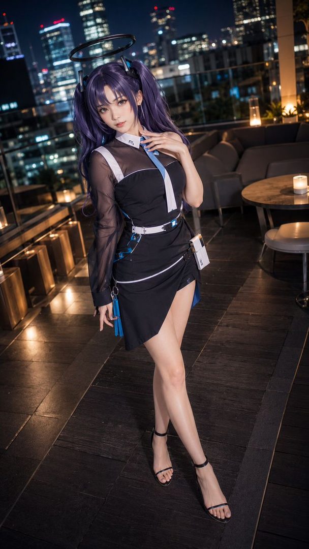 A woman in a black dress and purple twintail wig, dressed as a character from Blue Archive, poses on a rooftop at night.
