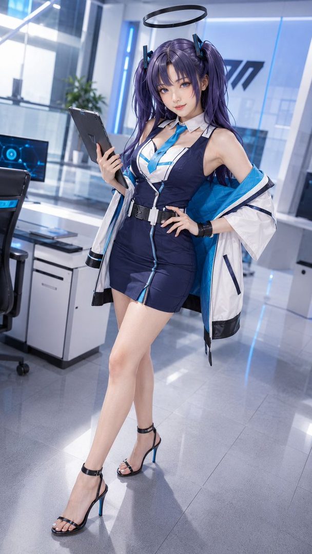 A young woman with purple twin-tails and a halo, dressed in a blue and white uniform, stands in a modern office setting holding a tablet.