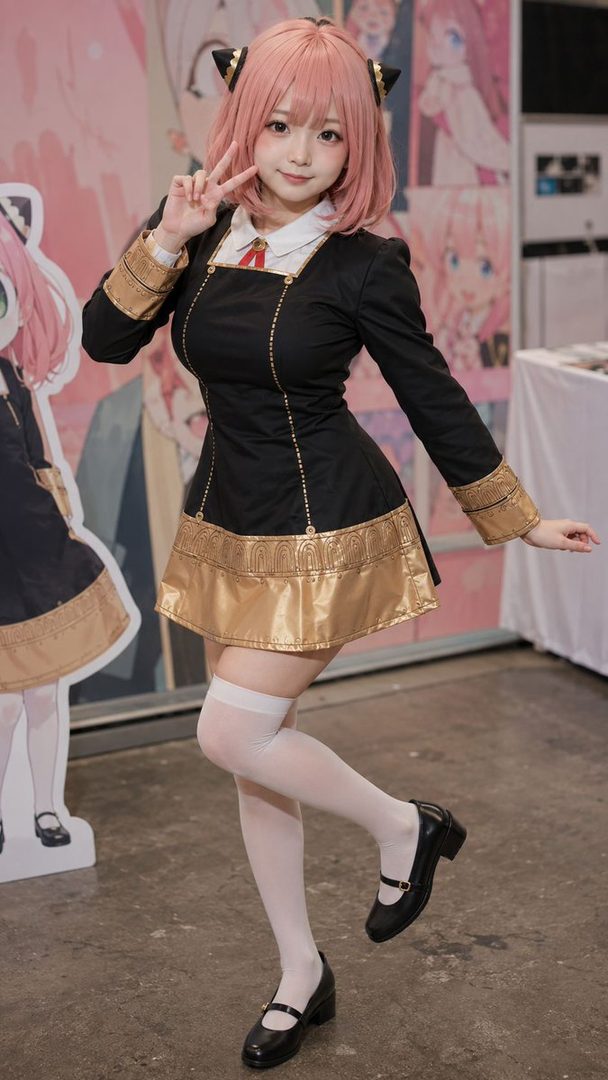 A young woman in a black and gold Anya Forger cosplay, posing with a peace sign.