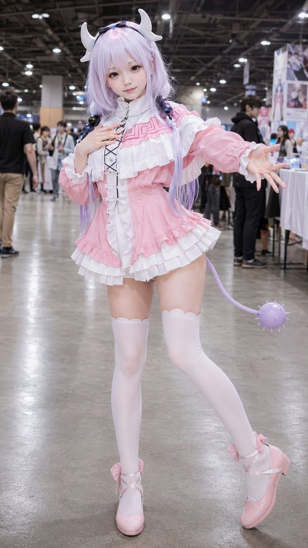 A cosplayer dressed as Kanna from Miss Kobayashi's Dragon Maid, wearing a pink and white frilly dress with horns and a tail, posing indoors.